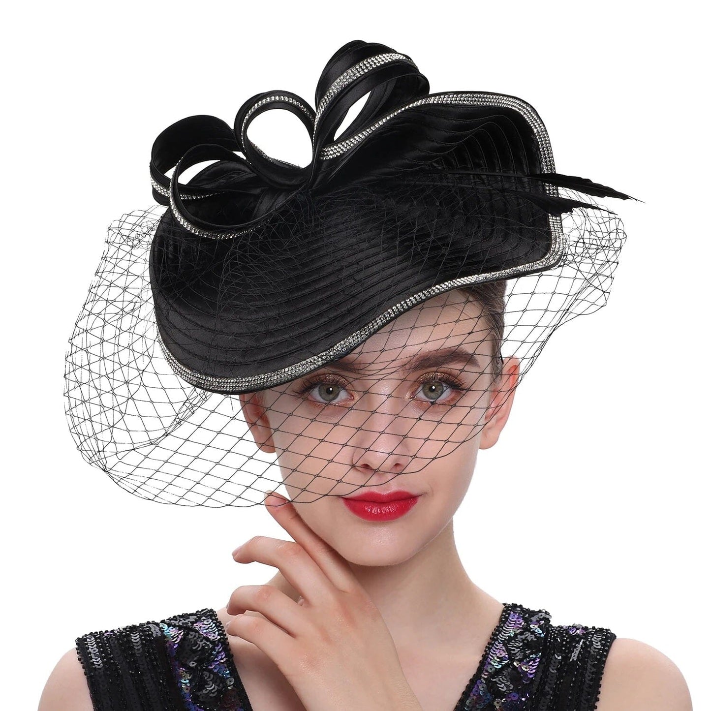 Women Diamond-studded Luxurious Banquet Wedding Dance Party Feather Headwear Fascinator Veil Hat Hat jehouze 8-black