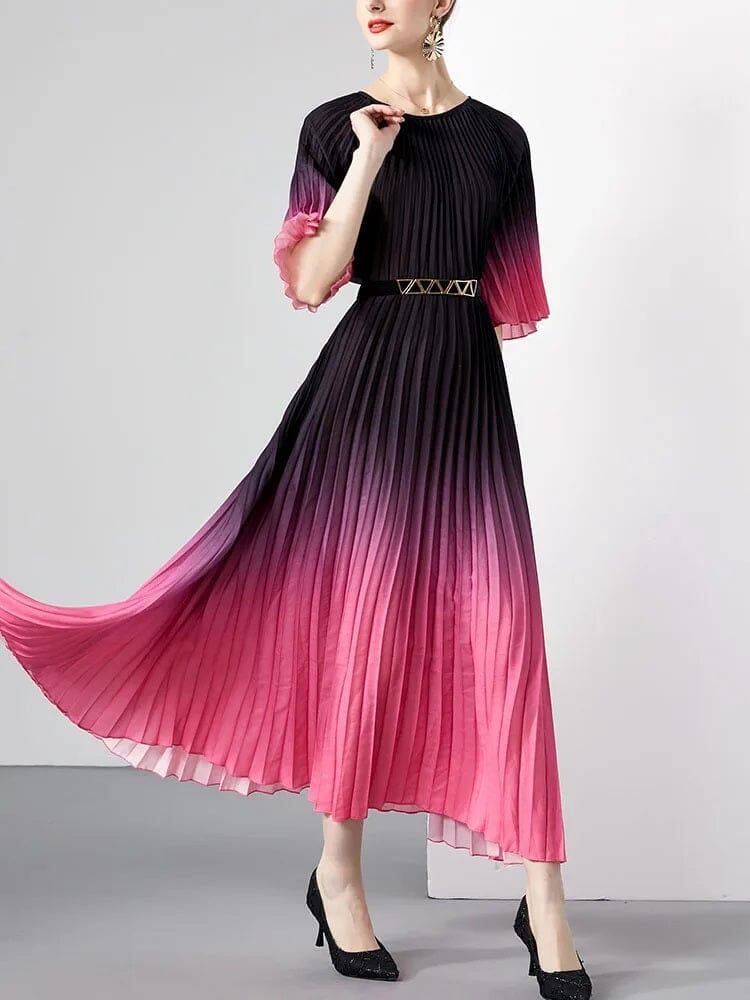 Women Elegant Belted Pleated Flounce Sleeve Long Maxi Dress Dresses jehouze 