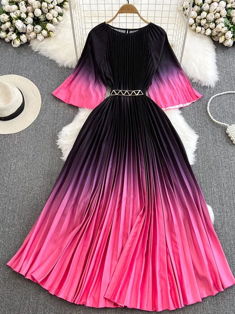 Women Elegant Belted Pleated Flounce Sleeve Long Maxi Dress Dresses jehouze Pink ONE SIZE 