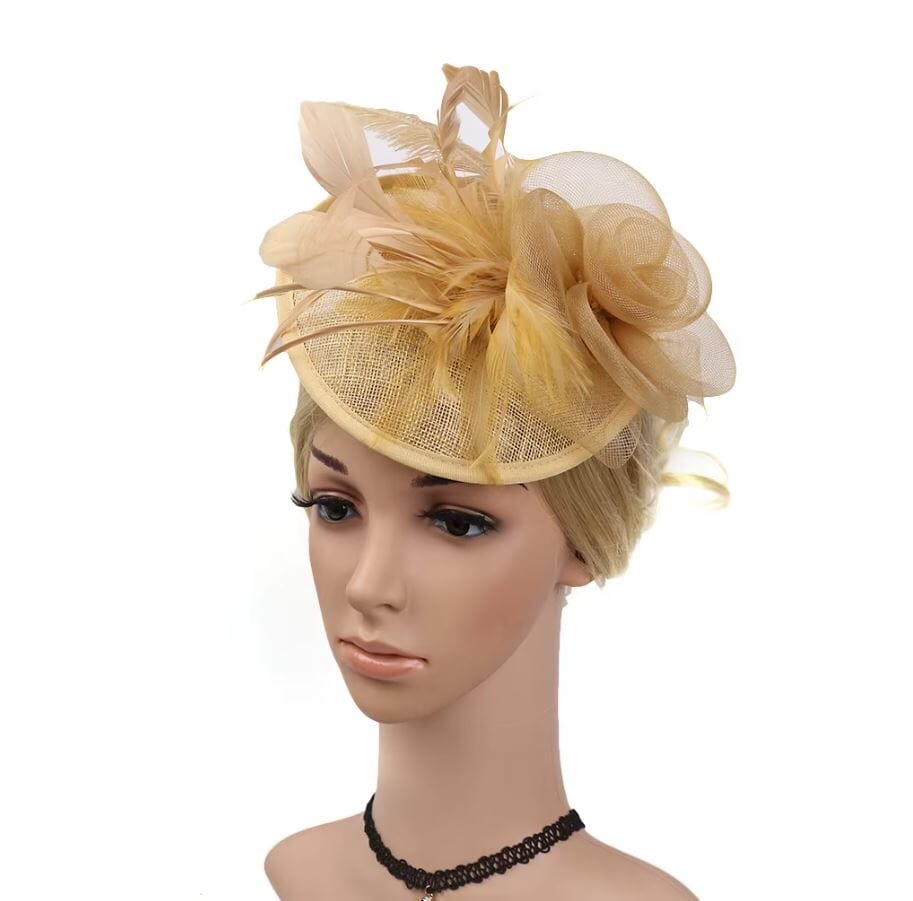 Women Fascinator Cocktail Tea Party Feather Vintage Headwear Fascinators jehouze Golden