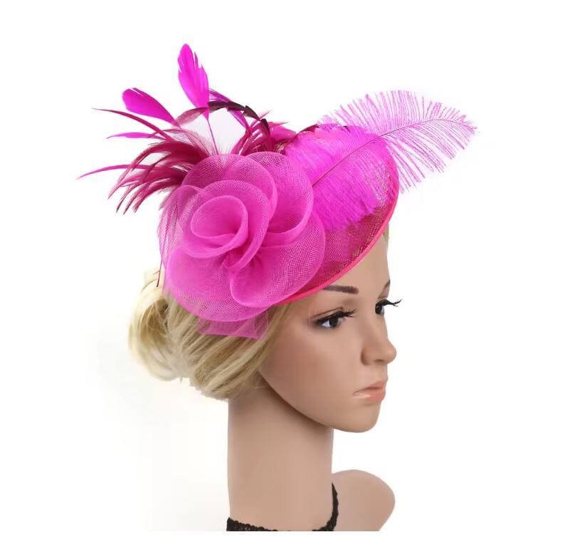 Women Fascinator Cocktail Tea Party Feather Vintage Headwear Fascinators jehouze Hot Pink