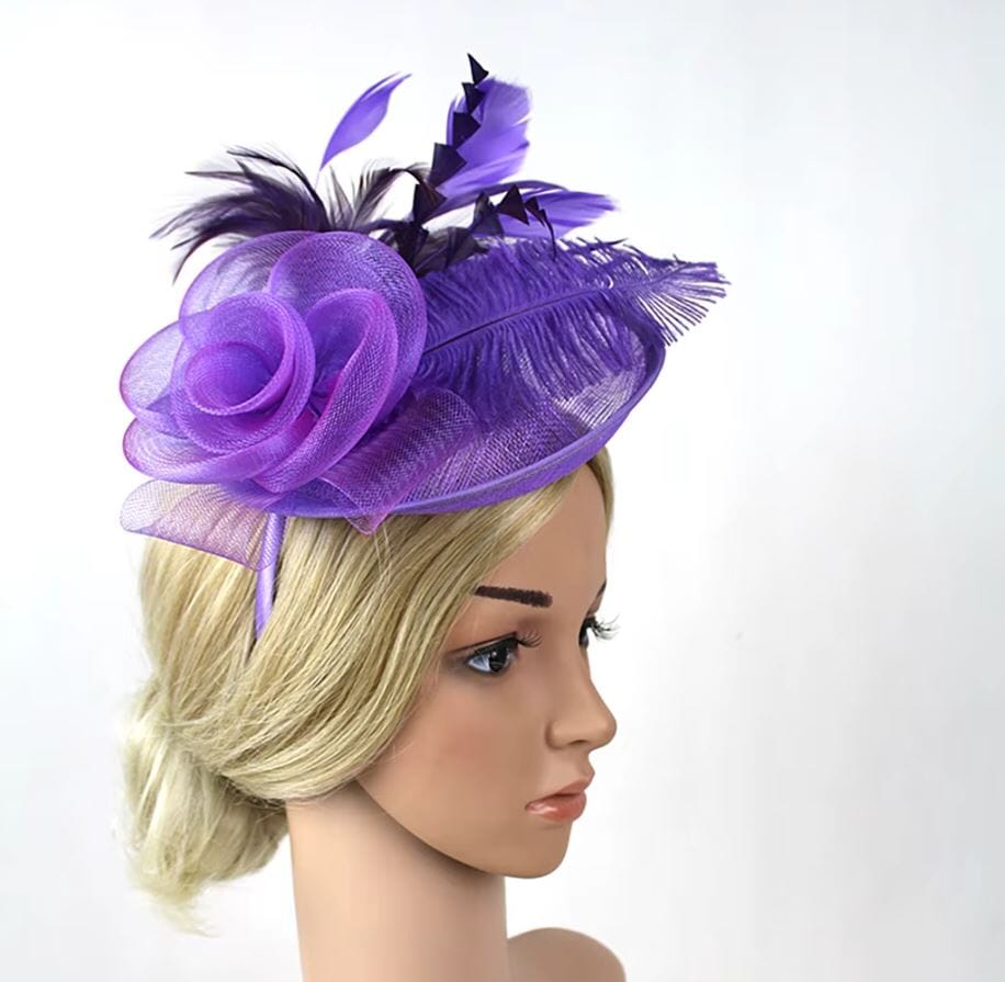 Women Fascinator Cocktail Tea Party Feather Vintage Headwear Fascinators jehouze Purple