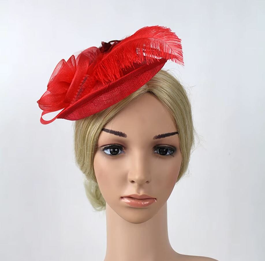 Women Fascinator Cocktail Tea Party Feather Vintage Headwear Fascinators jehouze Red