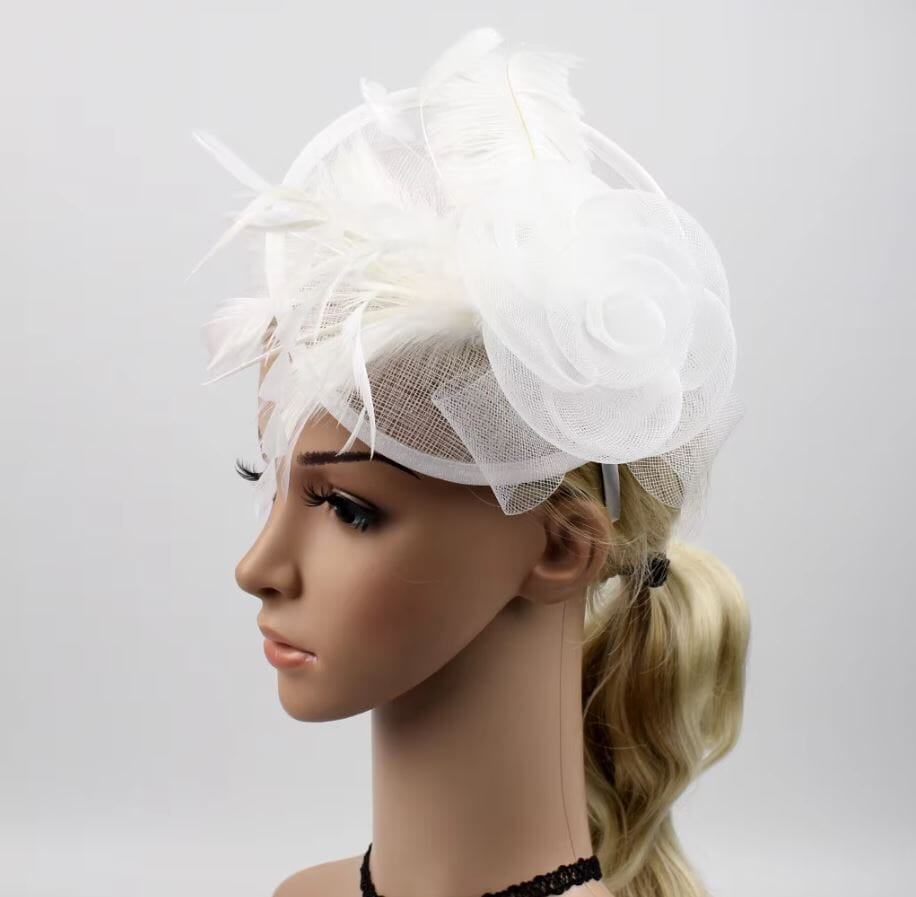 Women Fascinator Cocktail Tea Party Feather Vintage Headwear Fascinators jehouze White