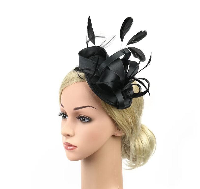 Women Fascinator Hair Clip Kentucky Headband Hat Wedding Cocktail Feather Ribbon Hat jehouze black 