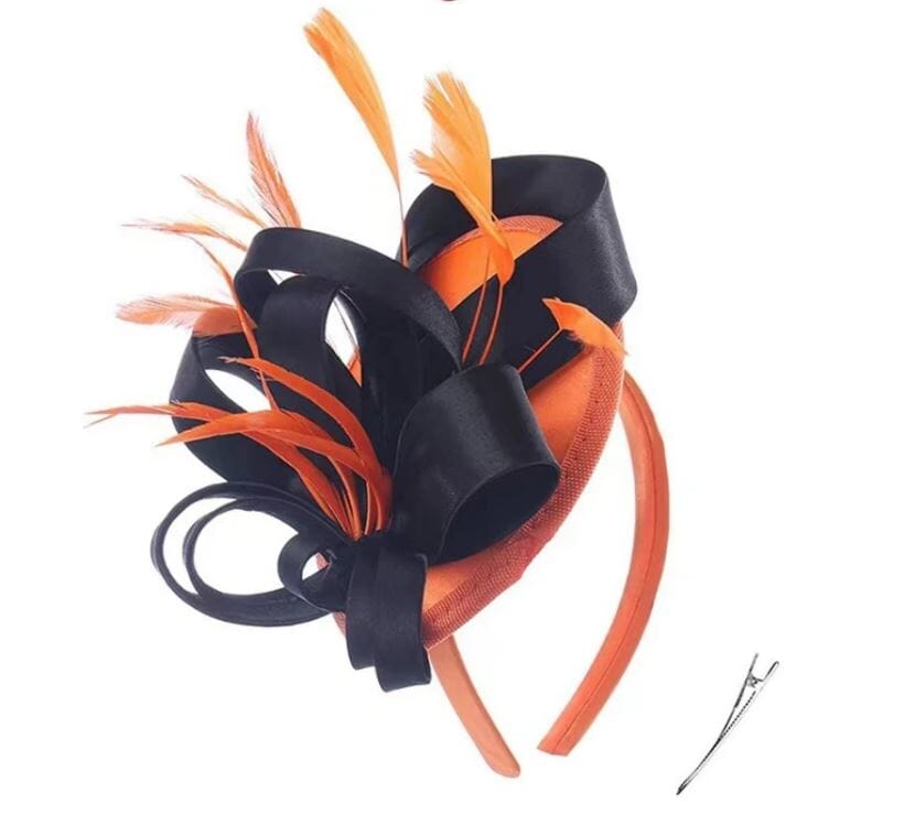 Women Fascinator Hair Clip Kentucky Headband Hat Wedding Cocktail Feather Ribbon Hat jehouze black/orange 