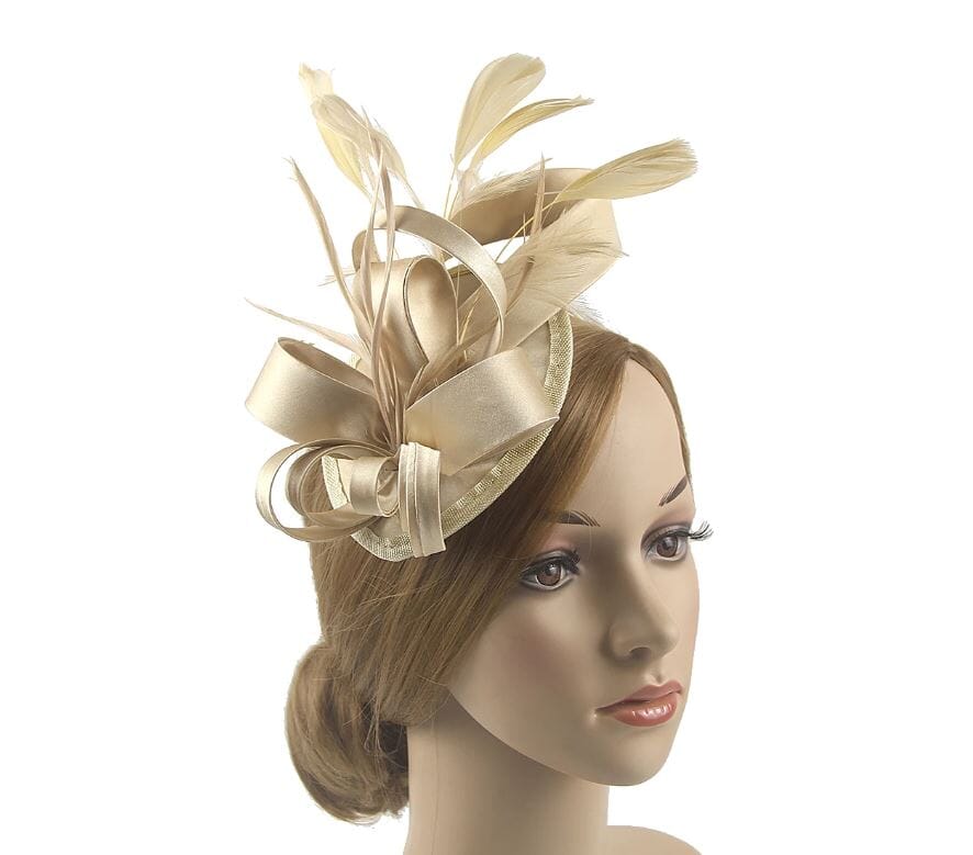 Women Fascinator Hair Clip Kentucky Headband Hat Wedding Cocktail Feather Ribbon Hat jehouze champagne 