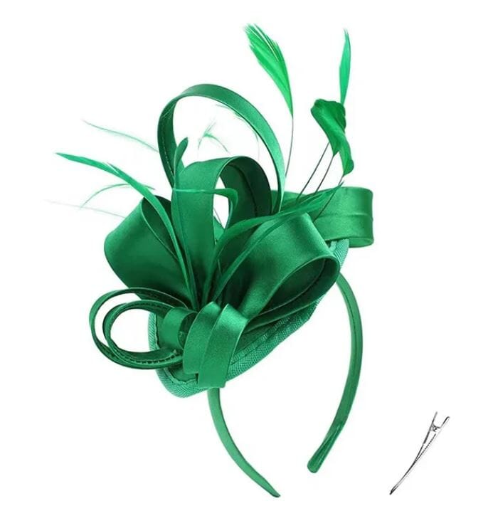 Women Fascinator Hair Clip Kentucky Headband Hat Wedding Cocktail Feather Ribbon Hat jehouze green