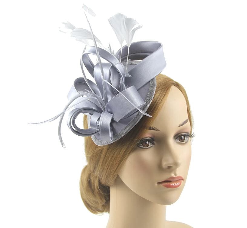 Women Fascinator Hair Clip Kentucky Headband Hat Wedding Cocktail Feather Ribbon Hat jehouze grey 