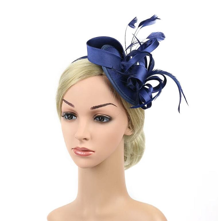 Women Fascinator Hair Clip Kentucky Headband Hat Wedding Cocktail Feather Ribbon Hat jehouze navy blue 