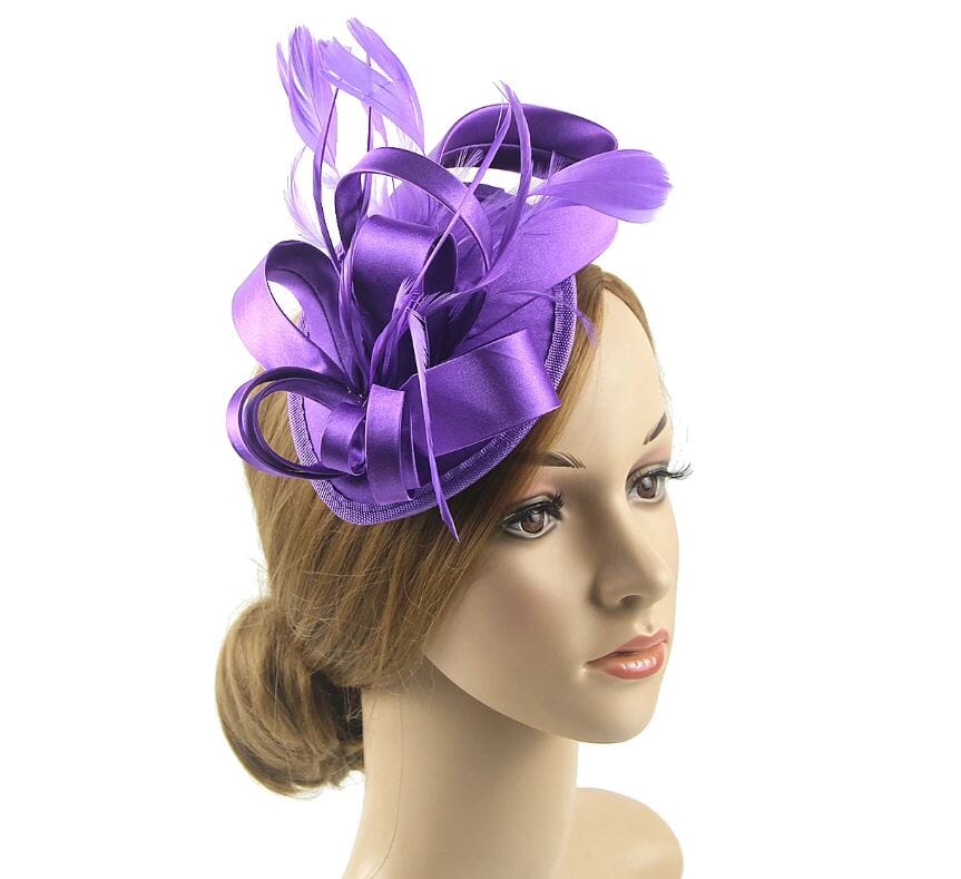 Women Fascinator Hair Clip Kentucky Headband Hat Wedding Cocktail Feather Ribbon Hat jehouze purple 