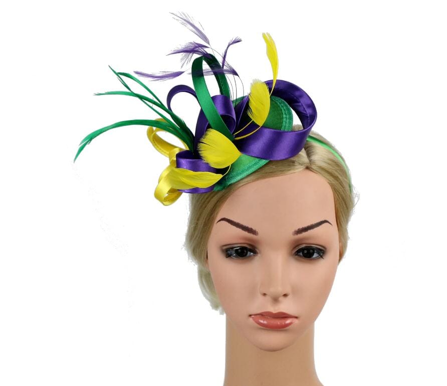 Women Fascinator Hair Clip Kentucky Headband Hat Wedding Cocktail Feather Ribbon Hat jehouze purple/green/yellow 