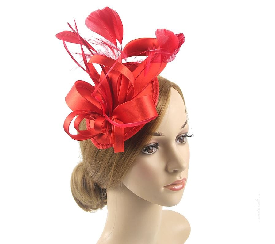 Women Fascinator Hair Clip Kentucky Headband Hat Wedding Cocktail Feather Ribbon Hat jehouze red