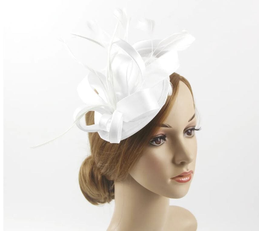 Women Fascinator Hair Clip Kentucky Headband Hat Wedding Cocktail Feather Ribbon Hat jehouze white