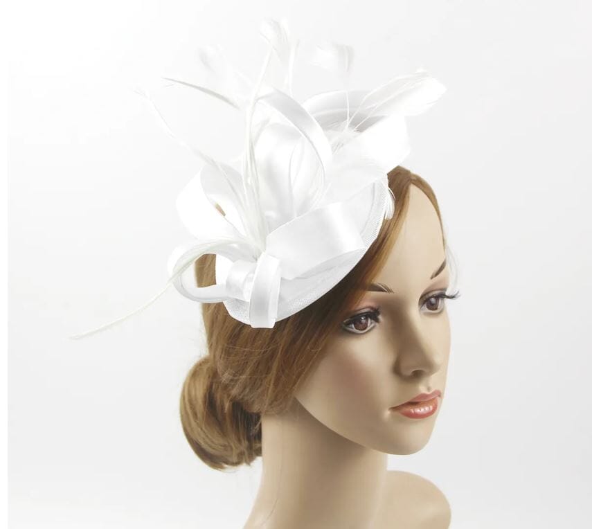Women Fascinator Hair Clip Kentucky Headband Hat Wedding Cocktail Feather Ribbon Hat jehouze white 