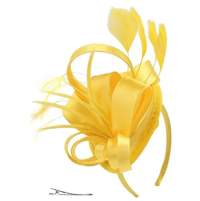 Women Fascinator Hair Clip Kentucky Headband Hat Wedding Cocktail Feather Ribbon Hat jehouze yellow 