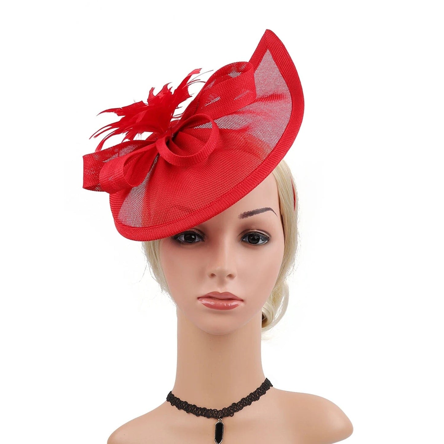 Women Fascinators Hat Tea Party Wedding Church Bridal Cocktail Feather Headband_ Hat jehouze Red