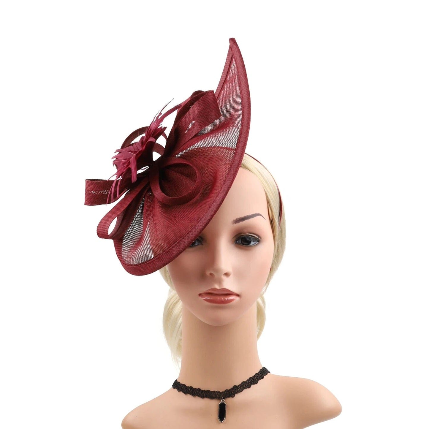 Women Fascinators Hat Tea Party Wedding Church Bridal Cocktail Feather Headband_ Hat jehouze Wine Red
