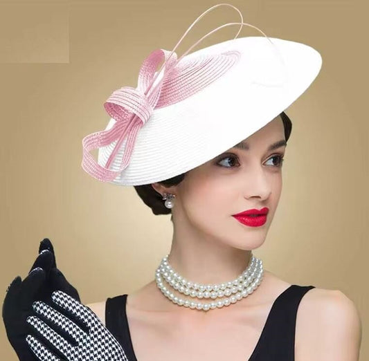 Women Fascinators Pillbox Wedding Straw Fedora Vintage Sinamay Hat Hat jehouze Pink/White
