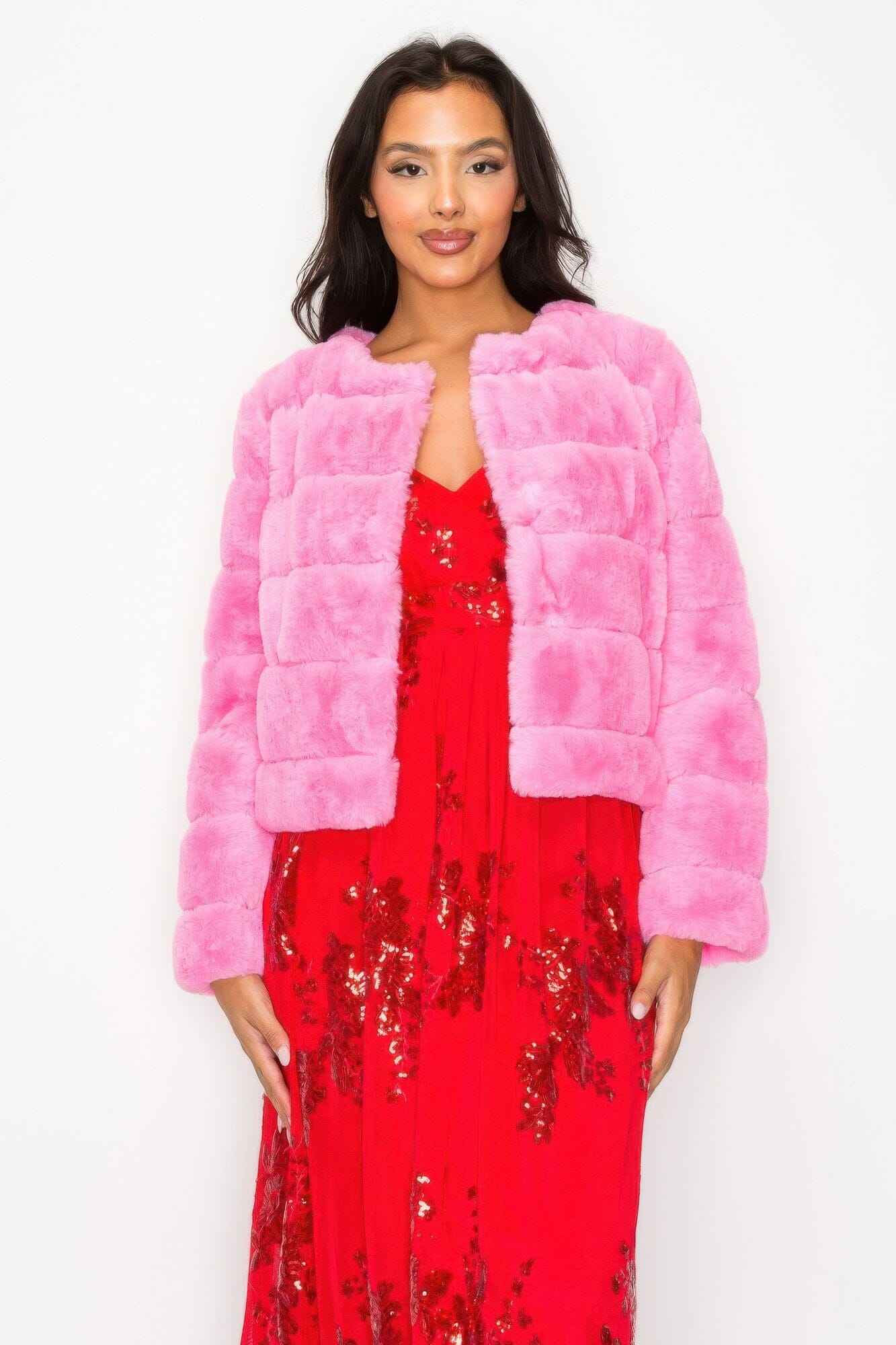 Women Faux Fur Buttoned Quilted Jacket Outerwear jehouze Barbie pink S