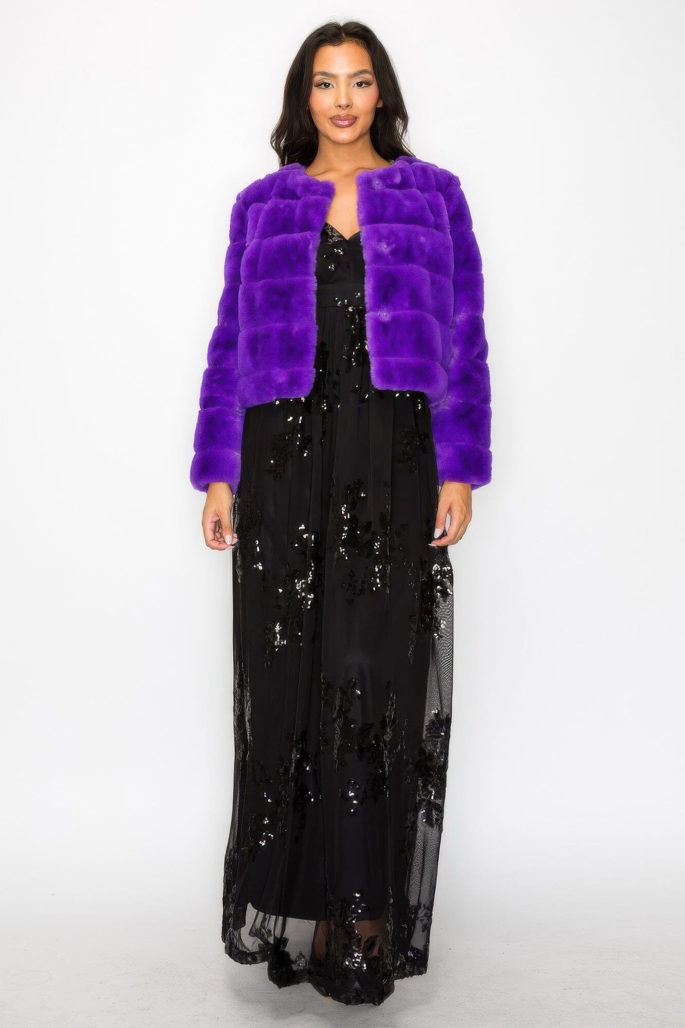 Women Faux Fur Buttoned Quilted Jacket Outerwear jehouze Purple S