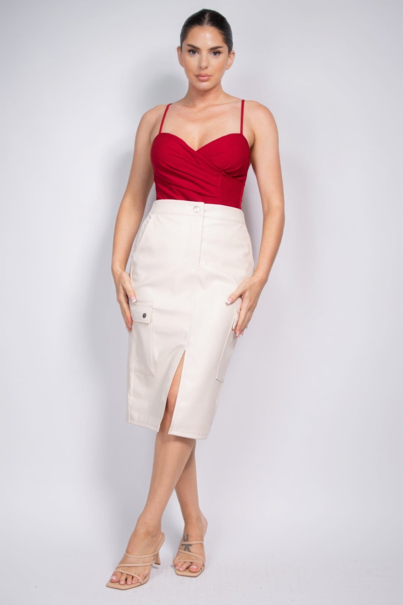 Women Faux Leather High-rise Cargo Skirt Skirts jehouze New Cream S