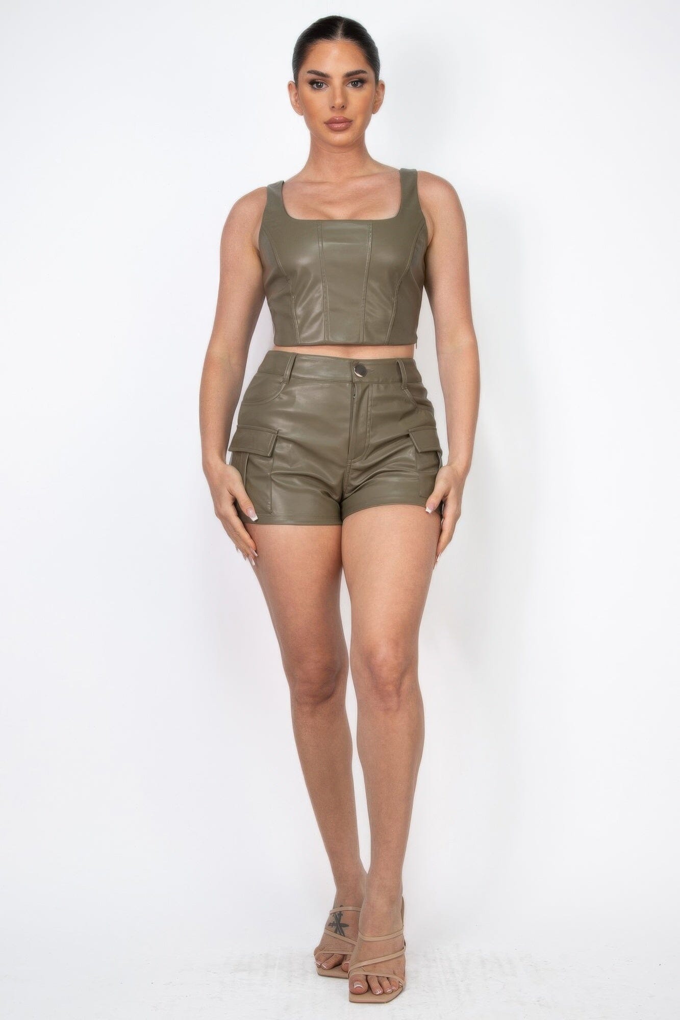 Women Faux Leather Square Zippered Crop Top Shirts & Tops jehouze Olive S