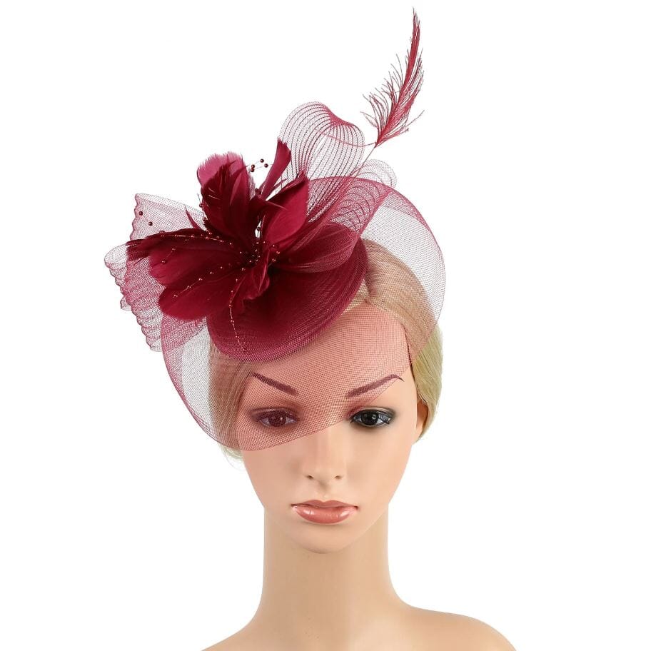 Women Feather Fascinator Kentucky Derby Pillbox Hat Mesh Party High Tea Headband Hat jehouze Wine Red