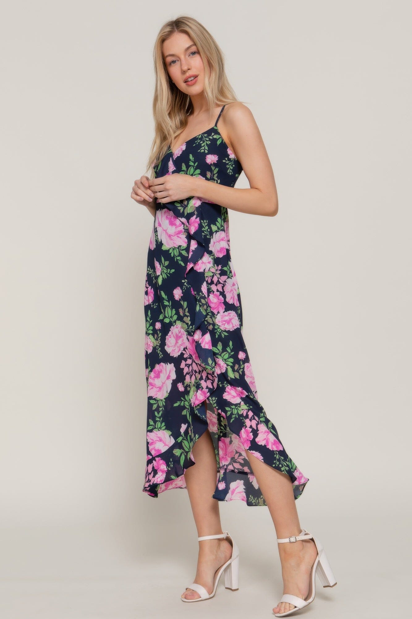 Women Floral Print Ruffle Slip Midi Dress Dresses jehouze
