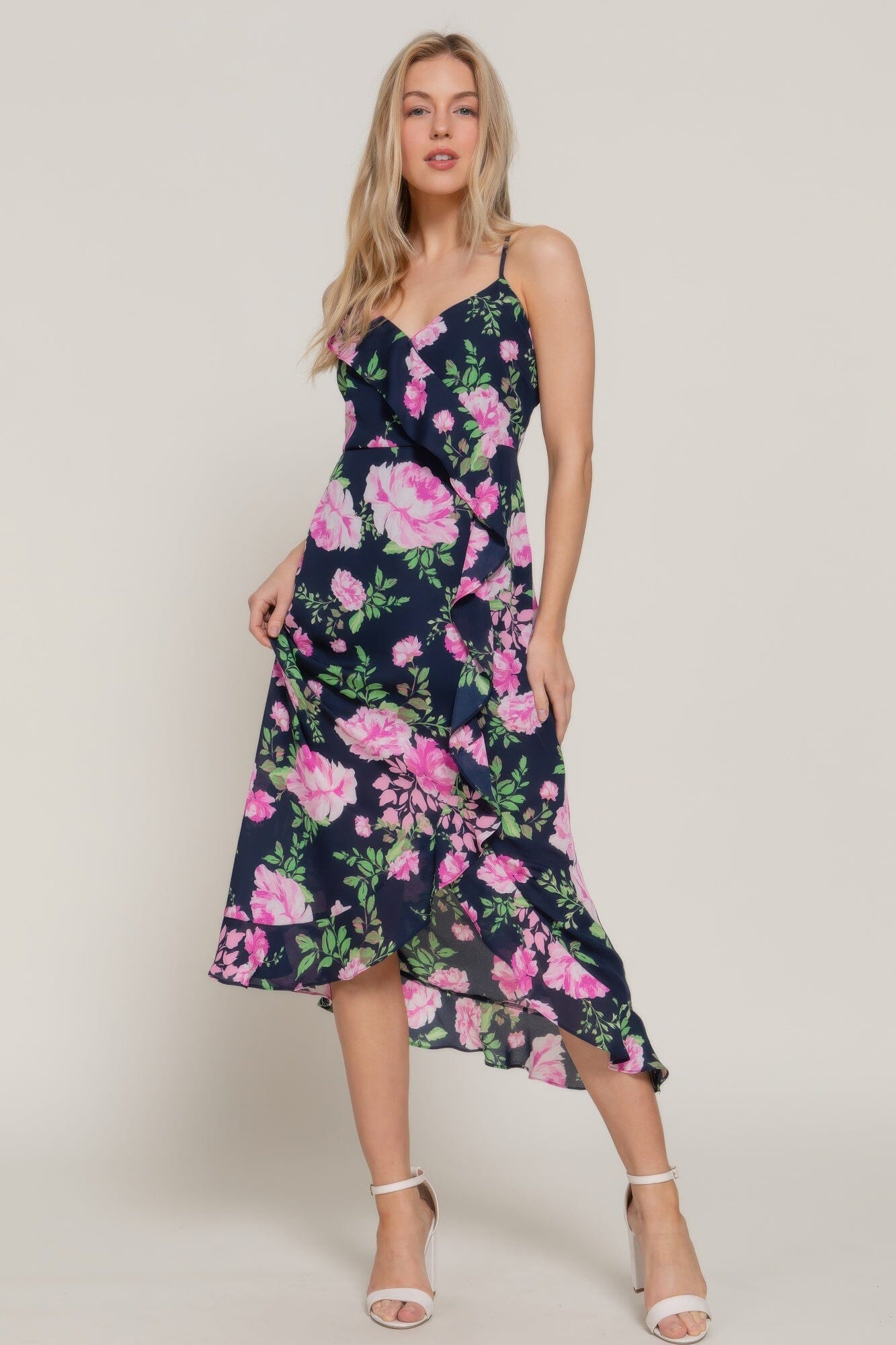Women Floral Print Ruffle Slip Midi Dress Dresses jehouze