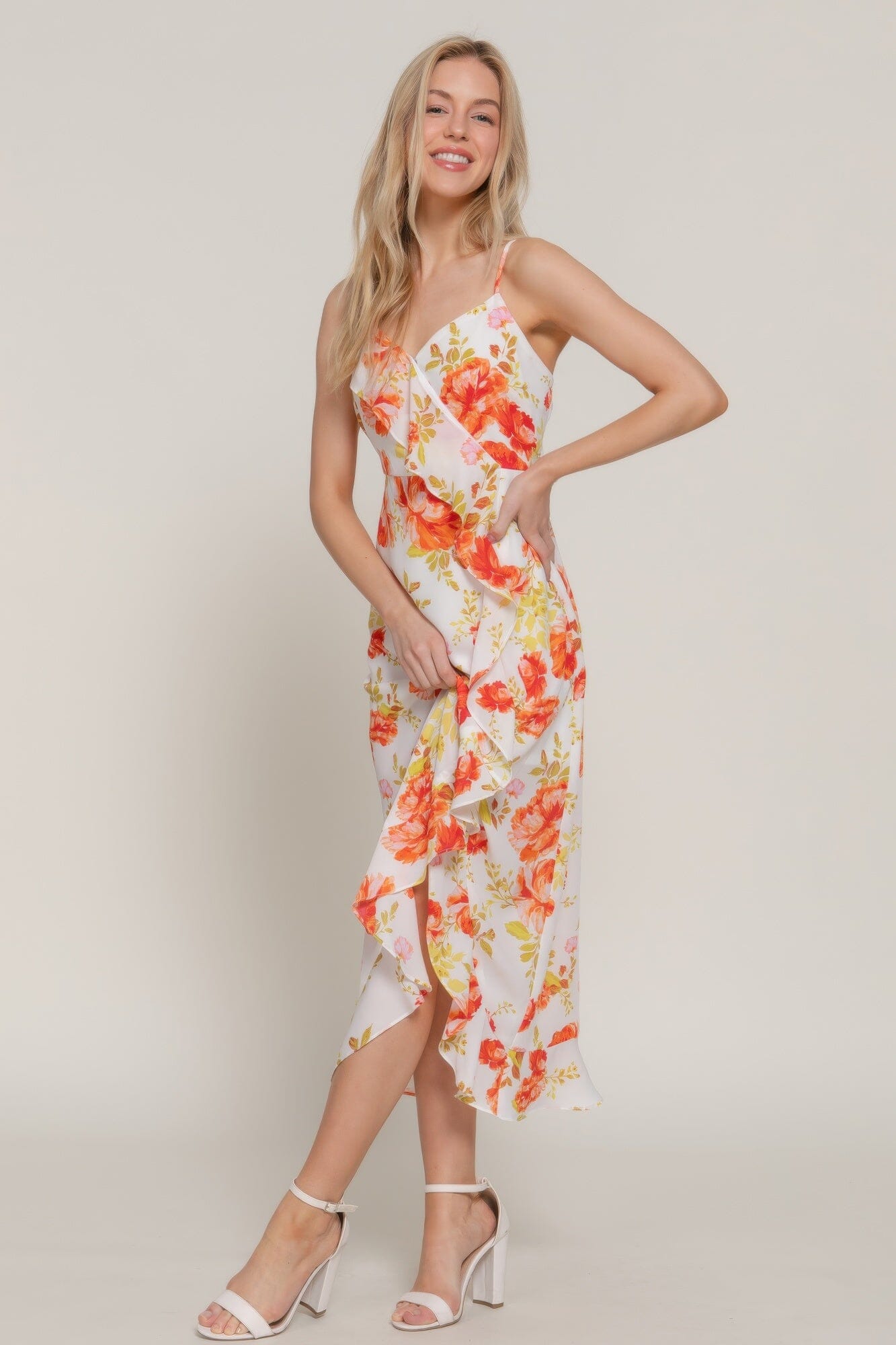 Women Floral Print Ruffle Slip Midi Dress Dresses jehouze