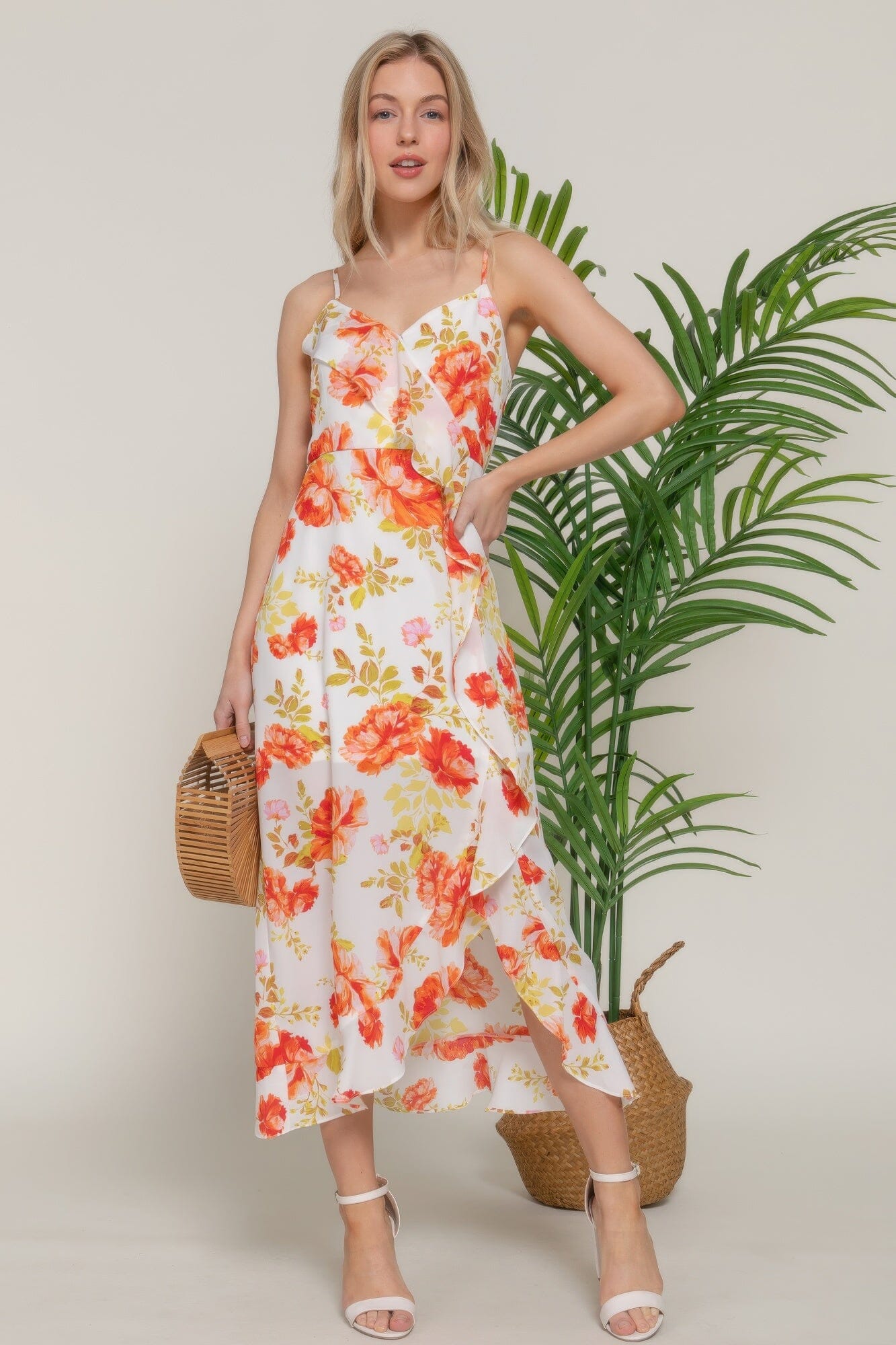 Women Floral Print Ruffle Slip Midi Dress Dresses jehouze Ivory/coral S