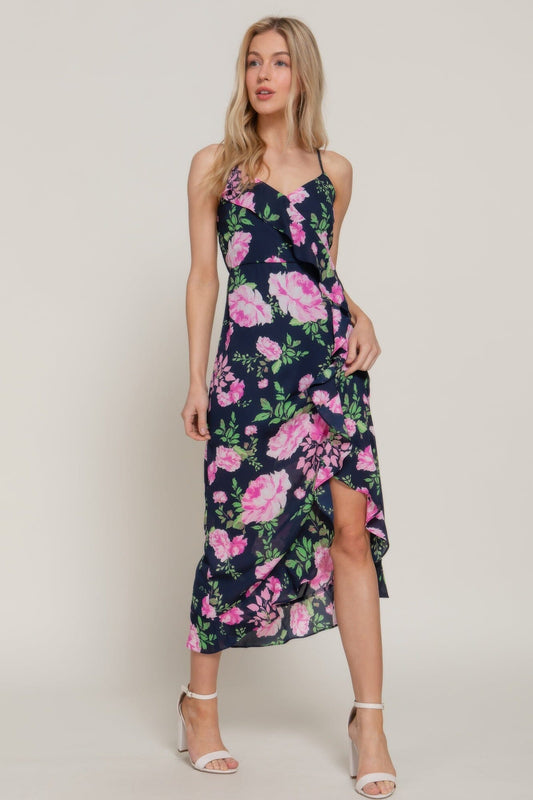 Women Floral Print Ruffle Slip Midi Dress Dresses jehouze Navy/pink S