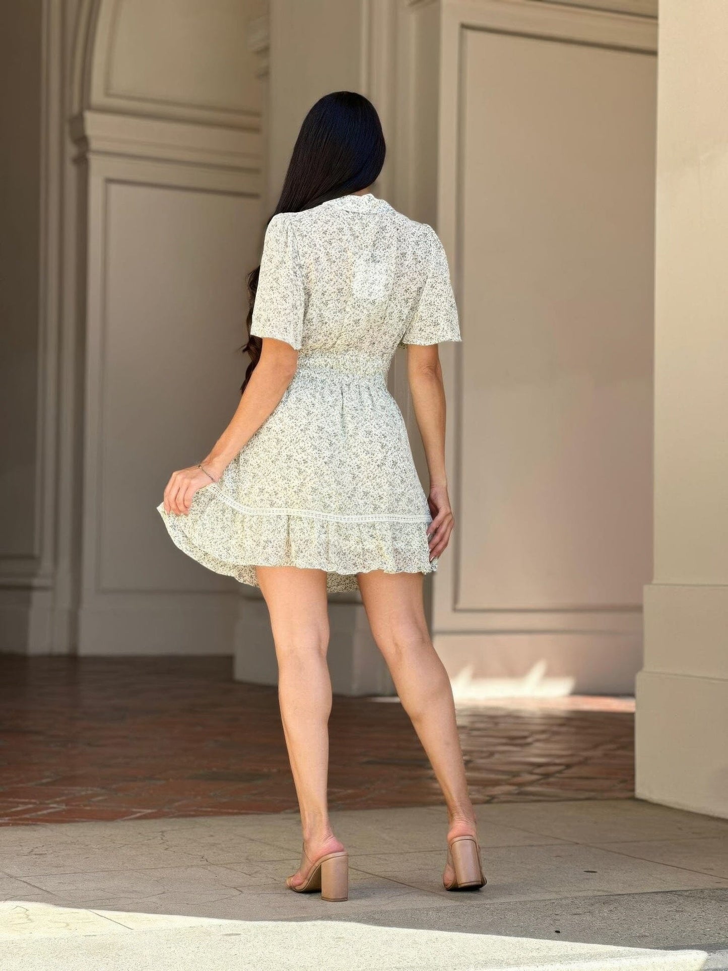 Women Floral Print Saffy Lace Smocking Waist Mini Dress Dresses jehouze