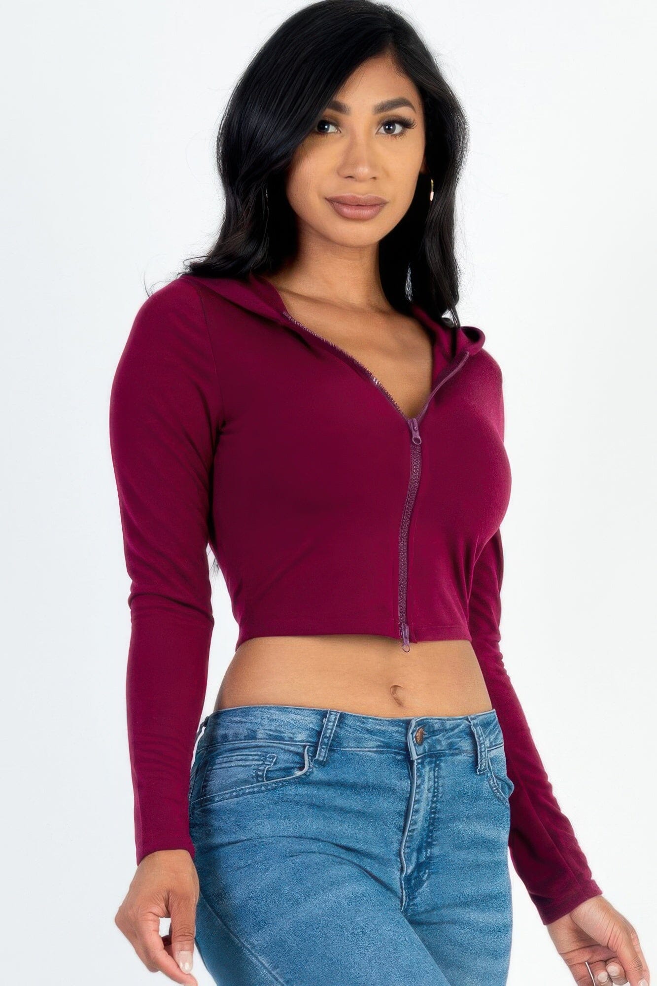 Women French Terry Crop Zip Up Hoodie Shirts & Tops jehouze
