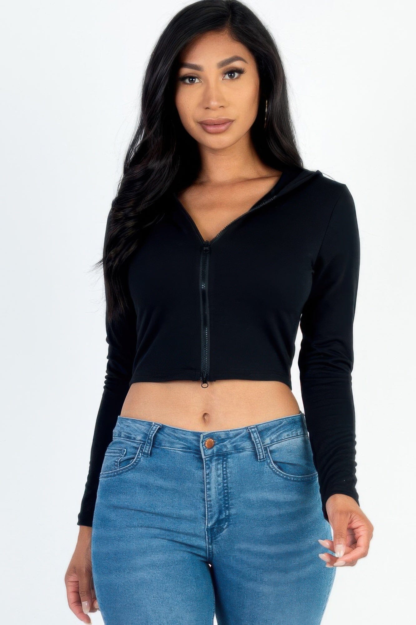 Women French Terry Crop Zip Up Hoodie Shirts & Tops jehouze Black S