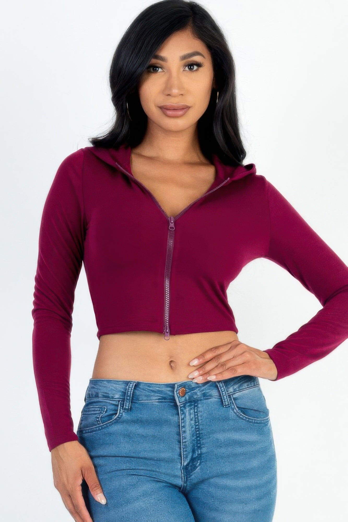 Women French Terry Crop Zip Up Hoodie Shirts & Tops jehouze Burgundy S