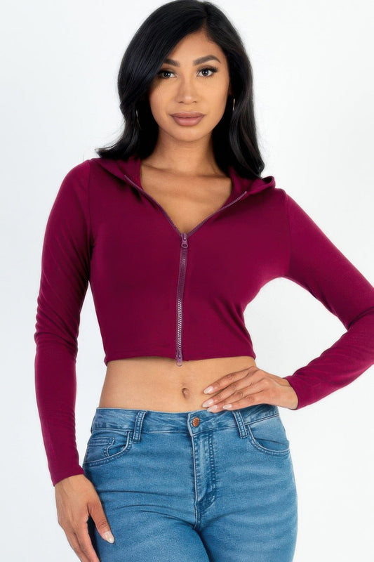 Women French Terry Crop Zip Up Hoodie Shirts & Tops jehouze Burgundy S