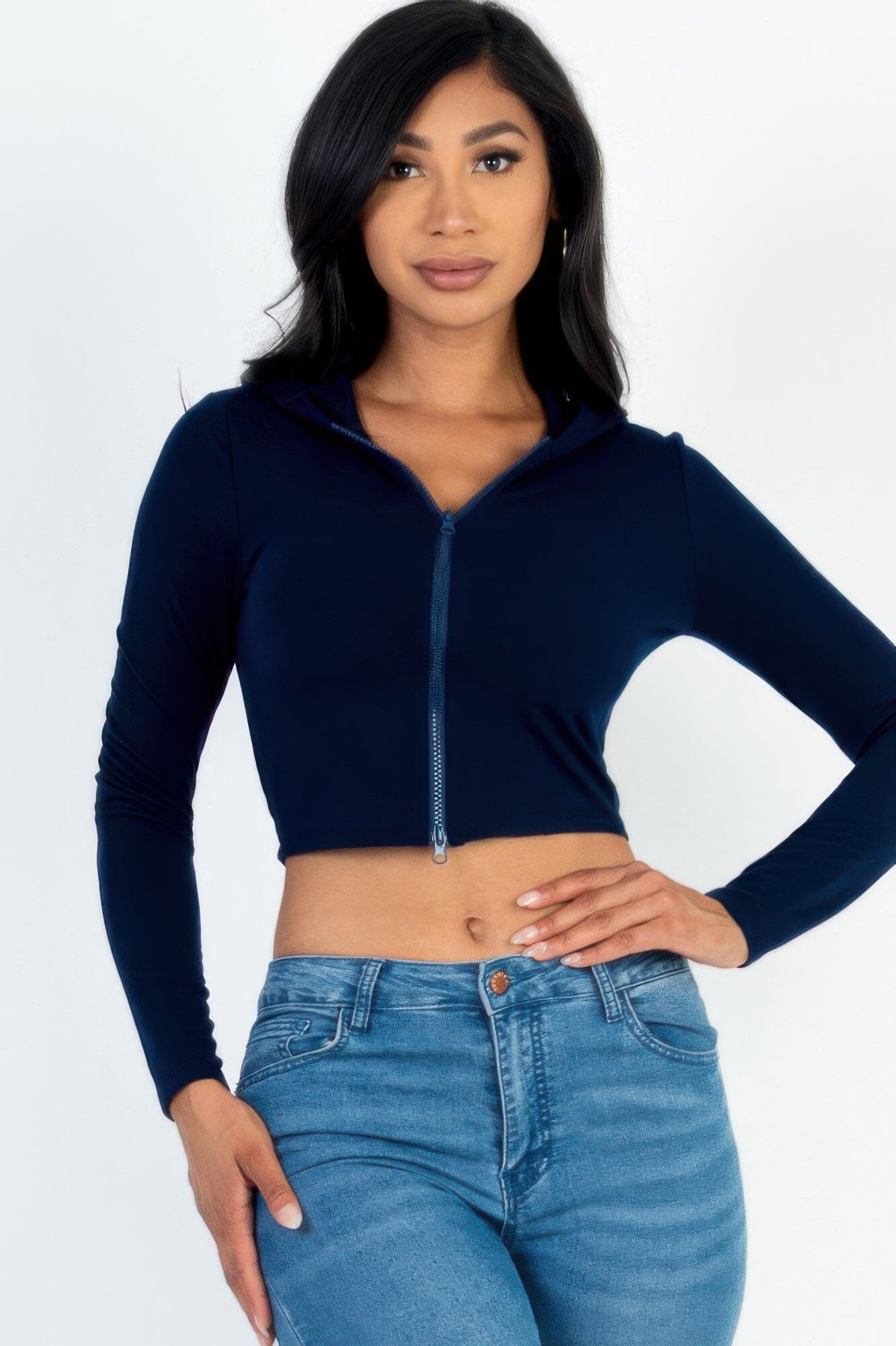 Women French Terry Crop Zip Up Hoodie Shirts & Tops jehouze Navy S