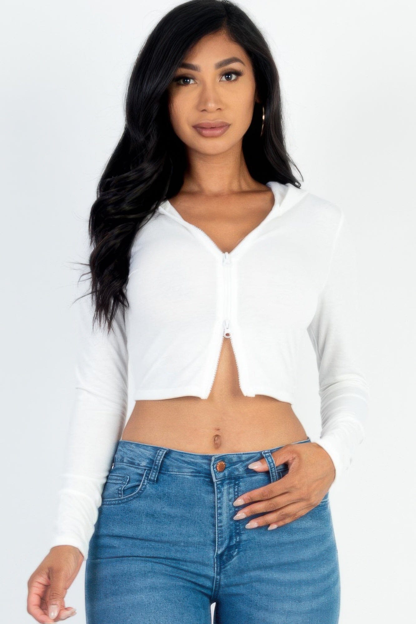 Women French Terry Crop Zip Up Hoodie Shirts & Tops jehouze White S