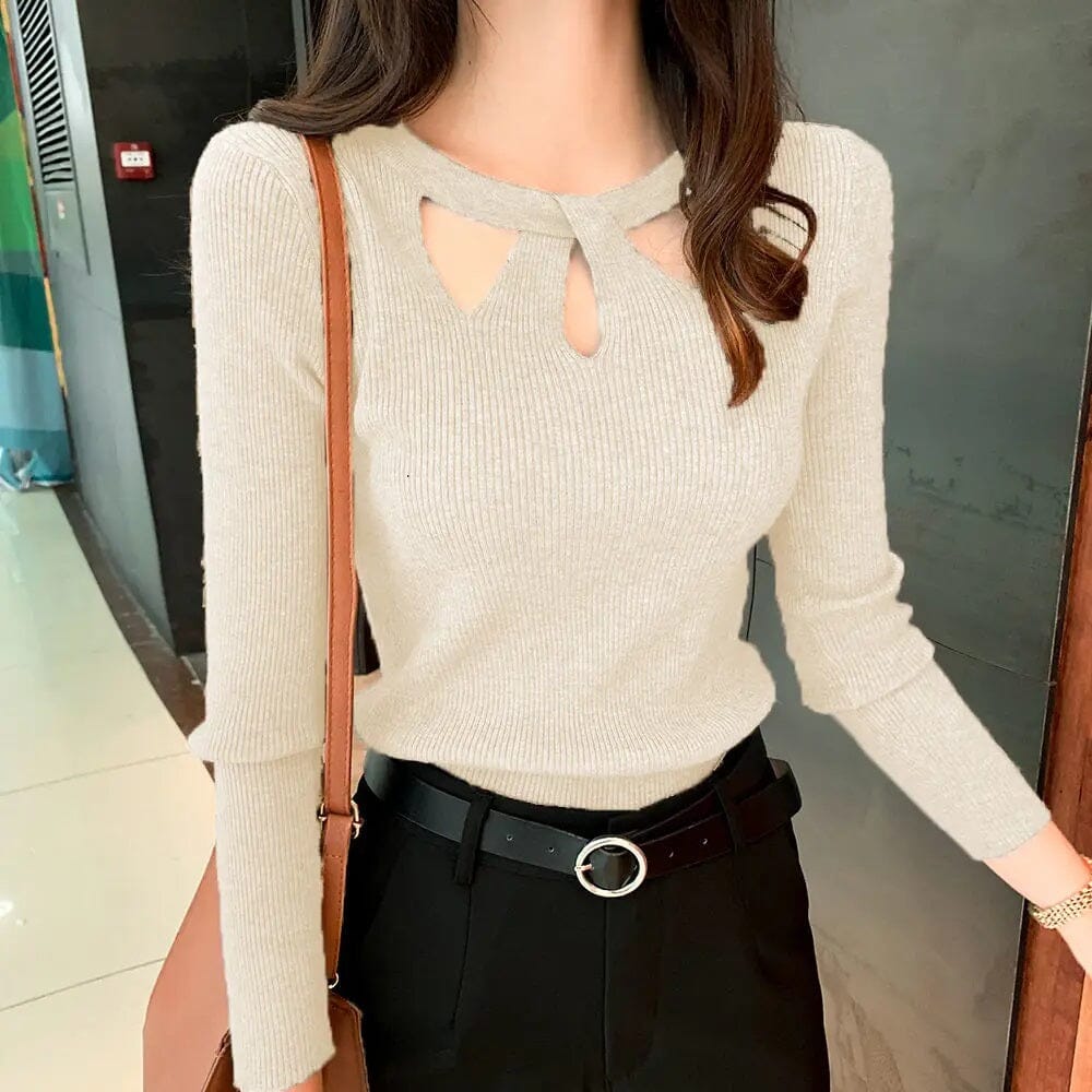 Women Front Cutout Long Sleeve Ribbed Knit Top Shirts & Tops jehouze Apricot 