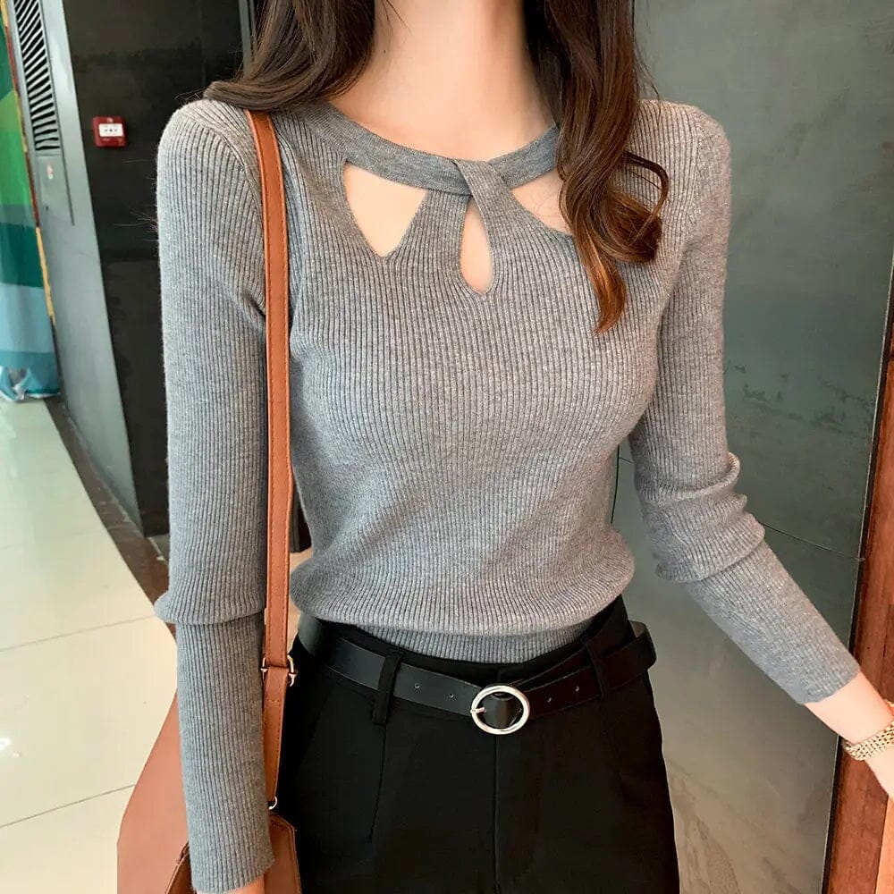 Women Front Cutout Long Sleeve Ribbed Knit Top Shirts & Tops jehouze Grey 