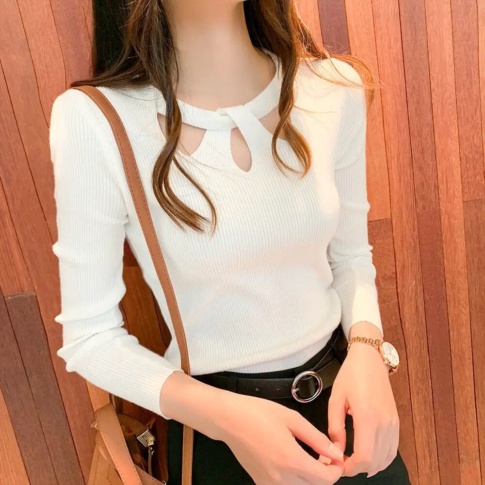 Women Front Cutout Long Sleeve Ribbed Knit Top Shirts & Tops jehouze White 