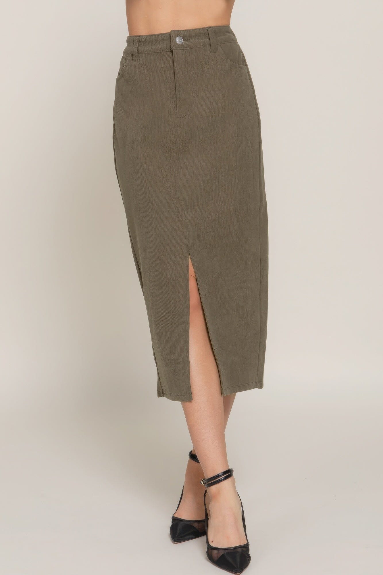 Women Front Open Slit Corduroy Midi Skirt Skirts jehouze