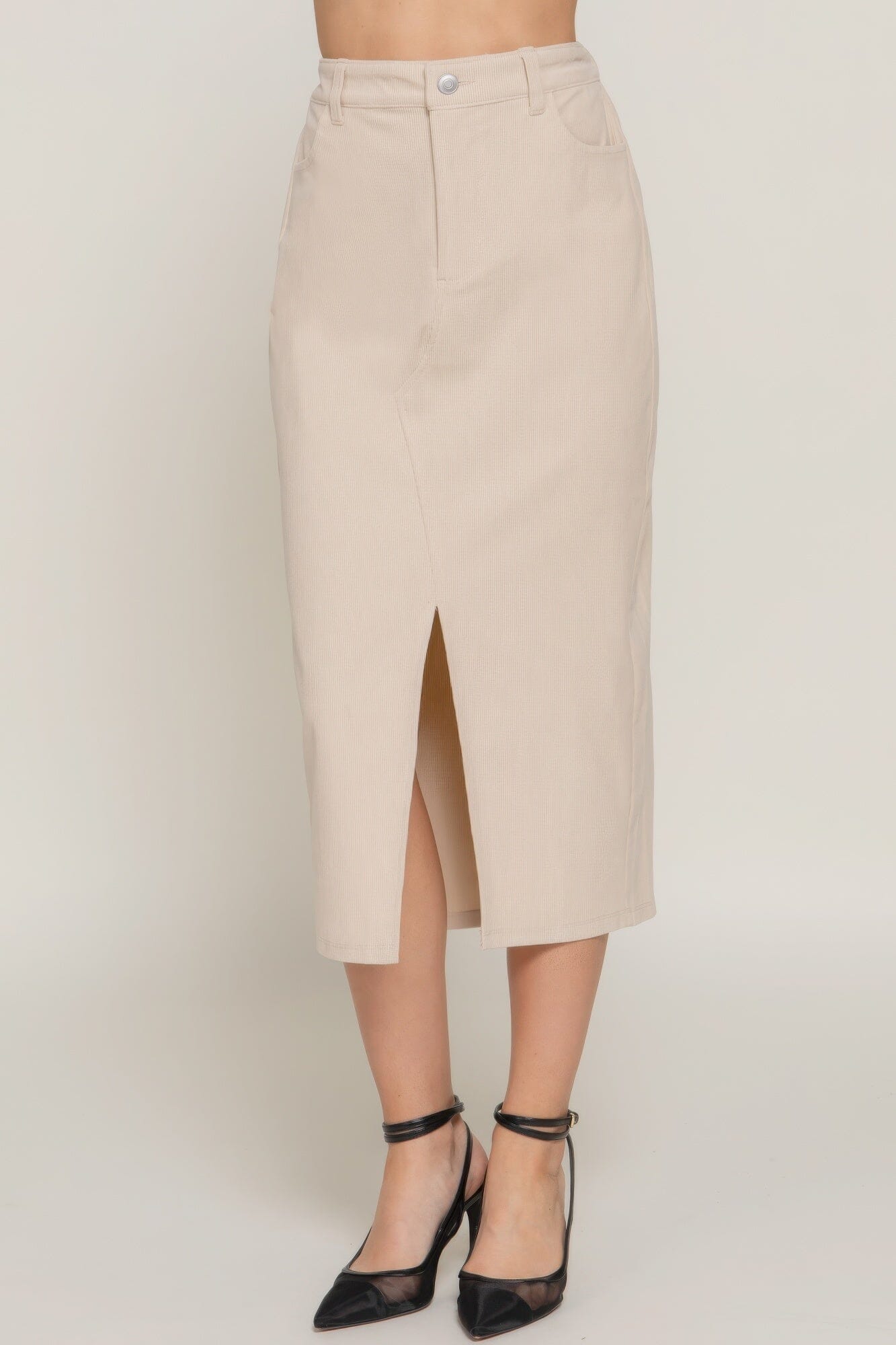 Women Front Open Slit Corduroy Midi Skirt Skirts jehouze