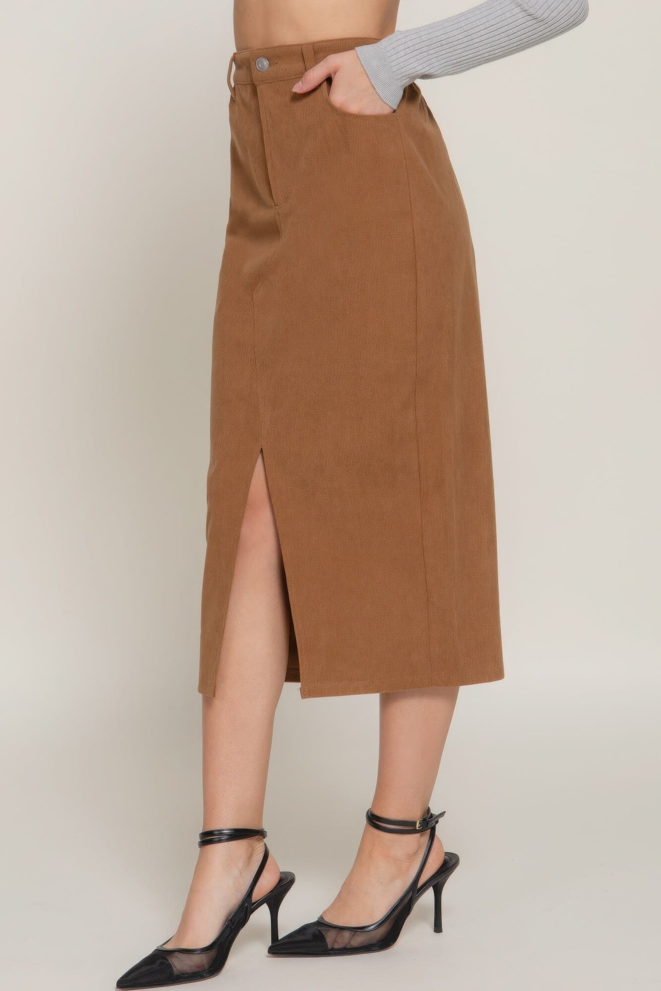 Women Front Open Slit Corduroy Midi Skirt Skirts jehouze