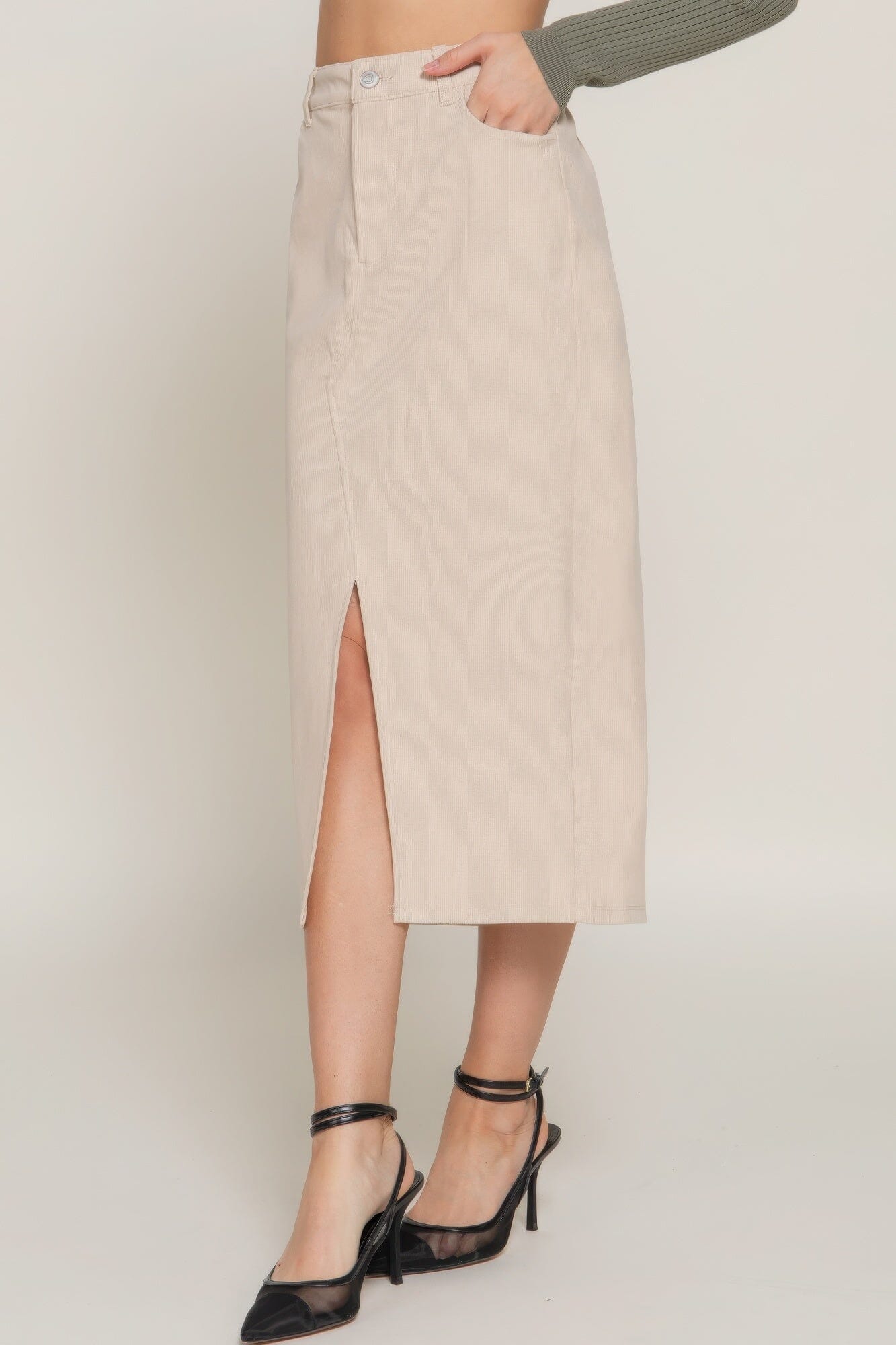 Women Front Open Slit Corduroy Midi Skirt Skirts jehouze