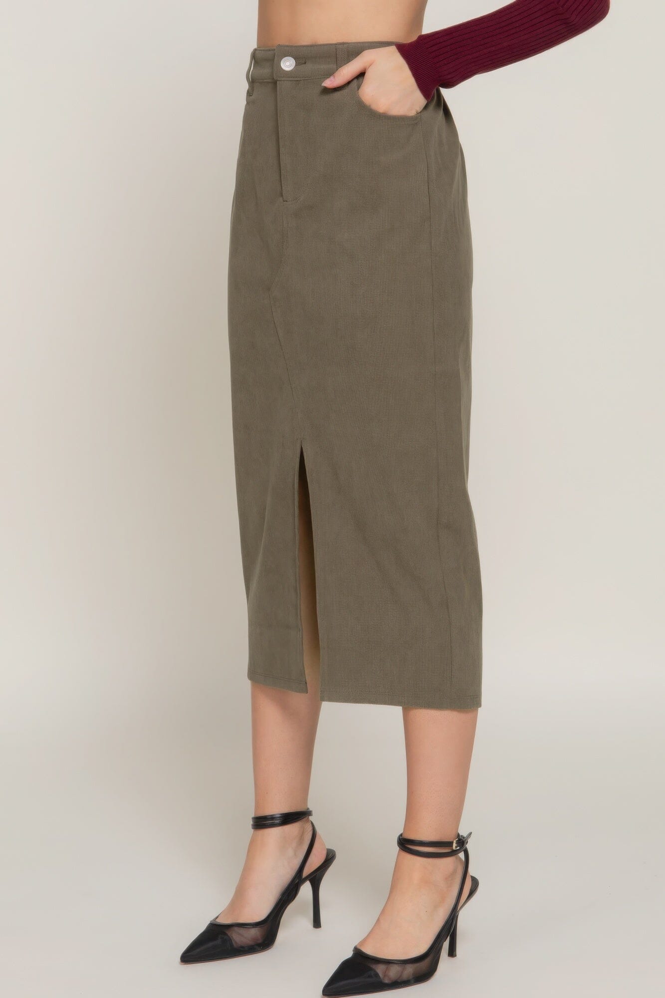Women Front Open Slit Corduroy Midi Skirt Skirts jehouze