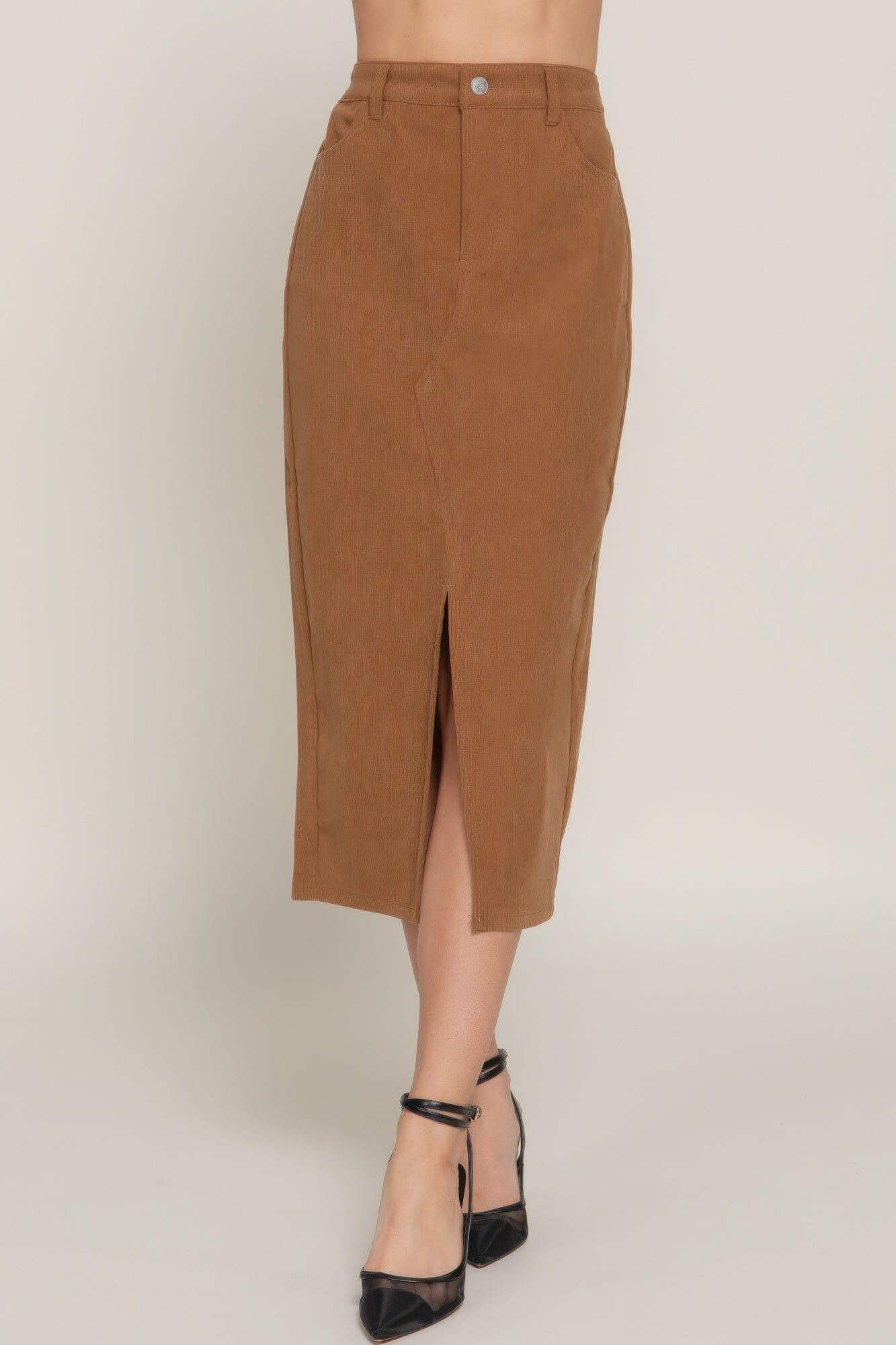 Women Front Open Slit Corduroy Midi Skirt Skirts jehouze