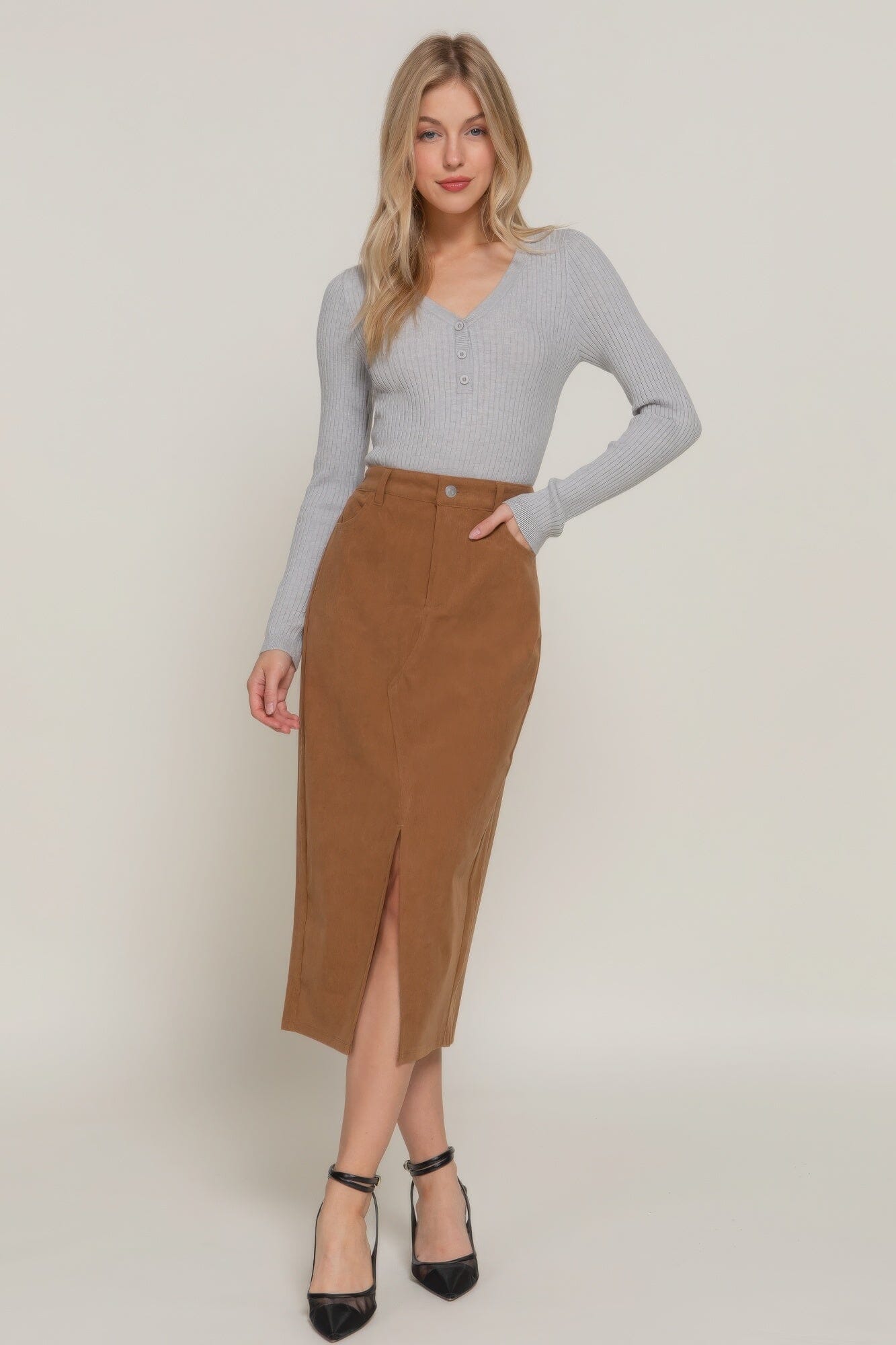 Women Front Open Slit Corduroy Midi Skirt Skirts jehouze Camel S